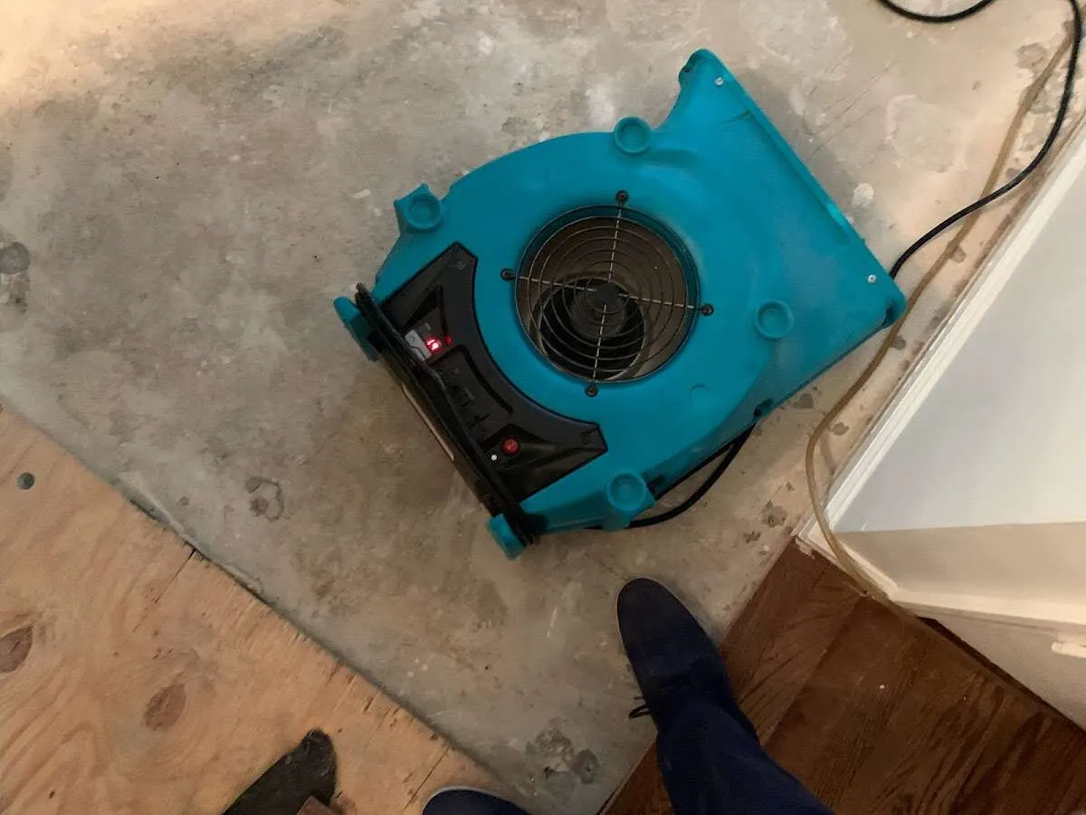 Air mover drying subfloor during Leak Detection & Repair in Mount Horeb
